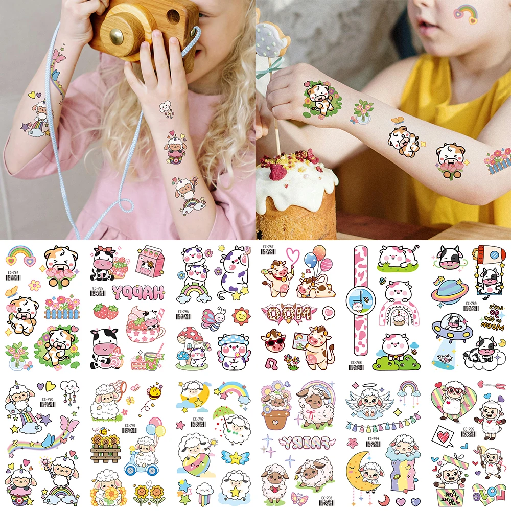 

Cartoon Calf & Lamb Temporary Tattoo Stickers -Farm Animal Designs with Flowers, RainbowGlitter Body Art for Kid Fake Stickers