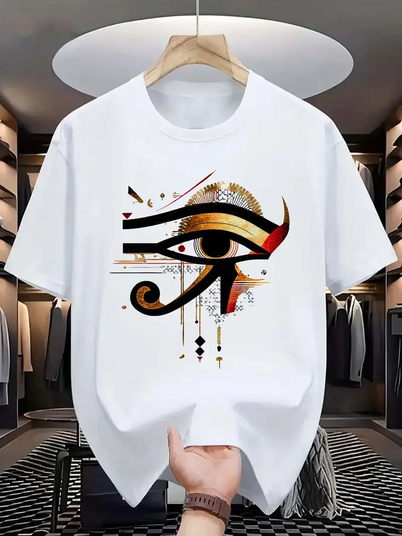 Men's T-Shirt Featuring The Egyptian Eye Of Horus Design, White Shirt With Black And Golden Ancient Symbol, Gifts For Halloween