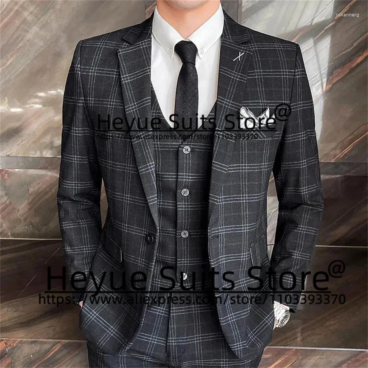 

Business Black Luxuly Wedding Suits For Men Slim Fit Notched Lapel Groom Formal Tuxedos 3 Pieces Sets traje de hombre elegante