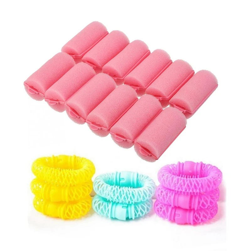 8Pcs Magic Hair Curler Spiral Curls Roller Donuts Curl & 12Pcs Dark Pink Hair Styling Soft Foam Sponge Rollers Curlers