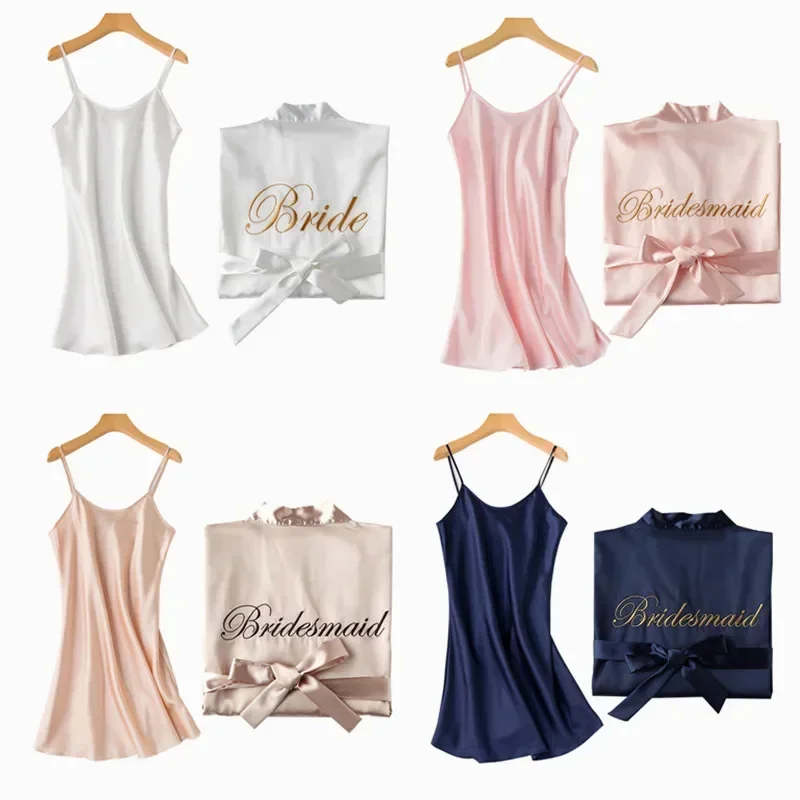 Albornoz de seda satinada para mujer, Kimono de novia, ropa de dormir para fiesta de despedida de soltera, decoración de boda de dama de honor, Vestido corto