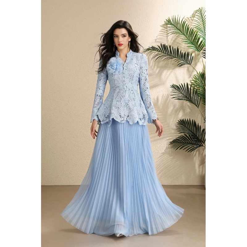 

Women Autumn Two Piece Outfit 3D Floral Applique Long Sleeve Lace Peplum Top A-Line Pleated Maxi Skirt Ladies Occasion Dress Set