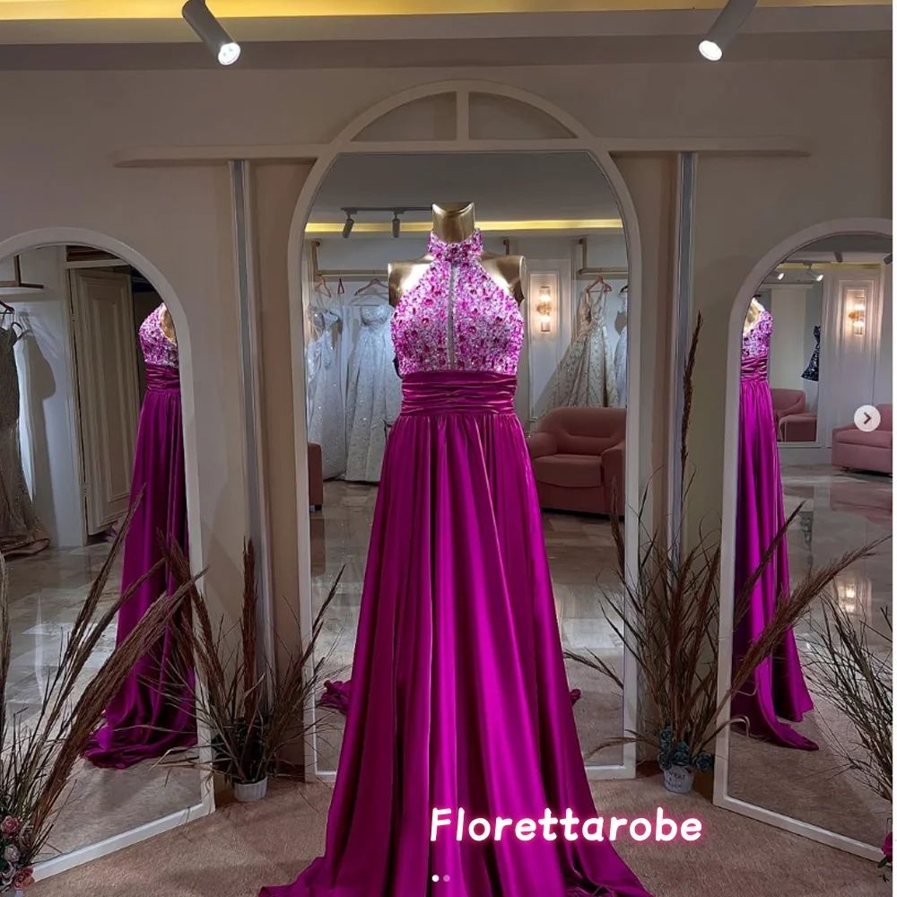 

Customized Crystals Sequins Prom Dresses A-Line Sleeveless Party Dress Halter Neck Luxury Beaded Satin Long Formal Evening Gowns