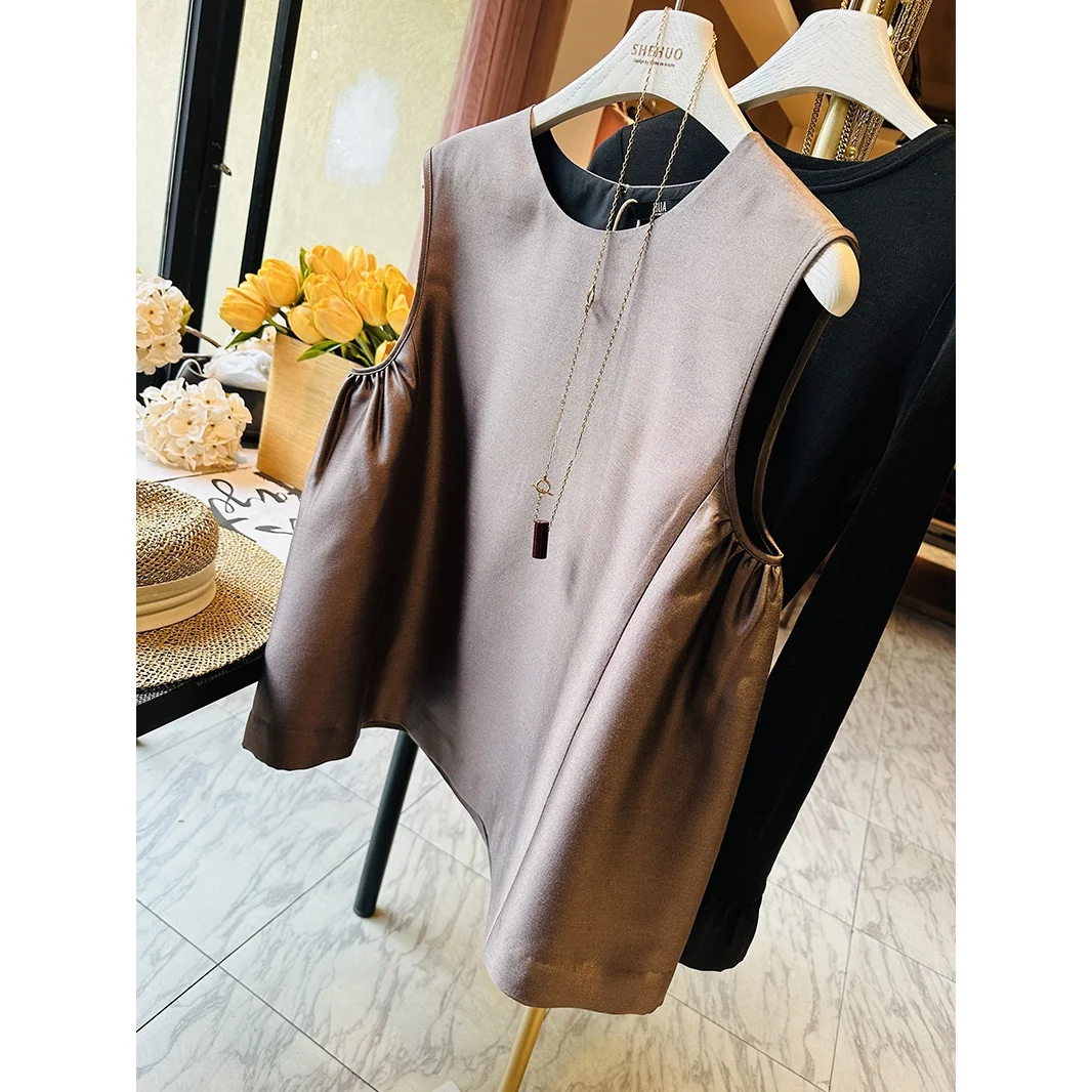 

Ele Silk Wool Vest Tail 2 Pieces Timel Beau Versatile Sle round Ne Button Detail Pure Color Chinese Brand