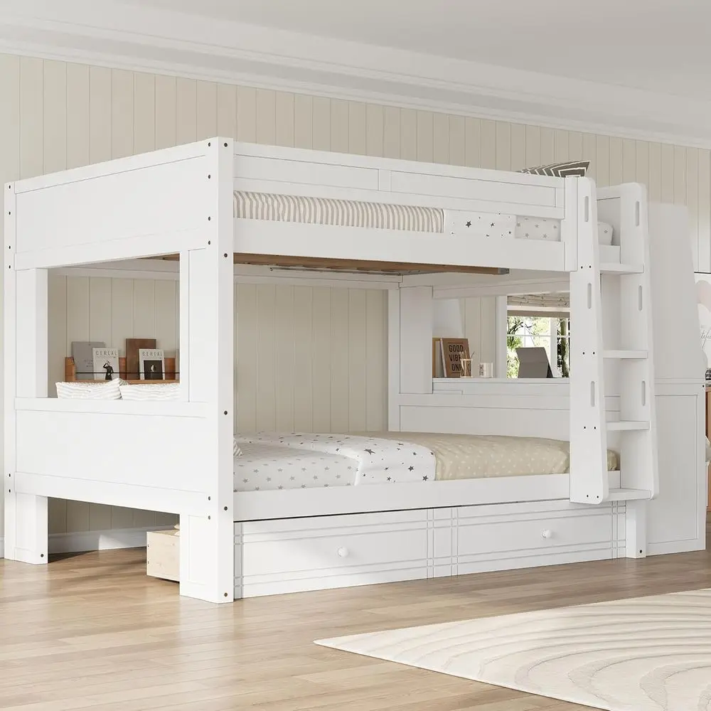 

Over and Under Bunk Bed with Storage, Desk, and Bookshelves, Suitable for Kids, Teens, and Adults, White