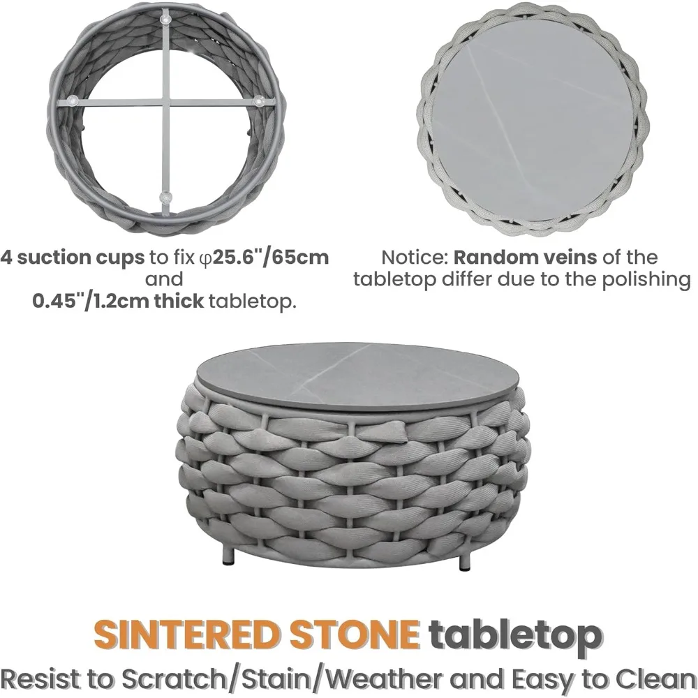 Tavolino da caffè rotondo corto da patio: tavolini in corda intrecciata a mano assemblati - Tavolo da esterno in alluminio moderno - Mobili per portico in metallo