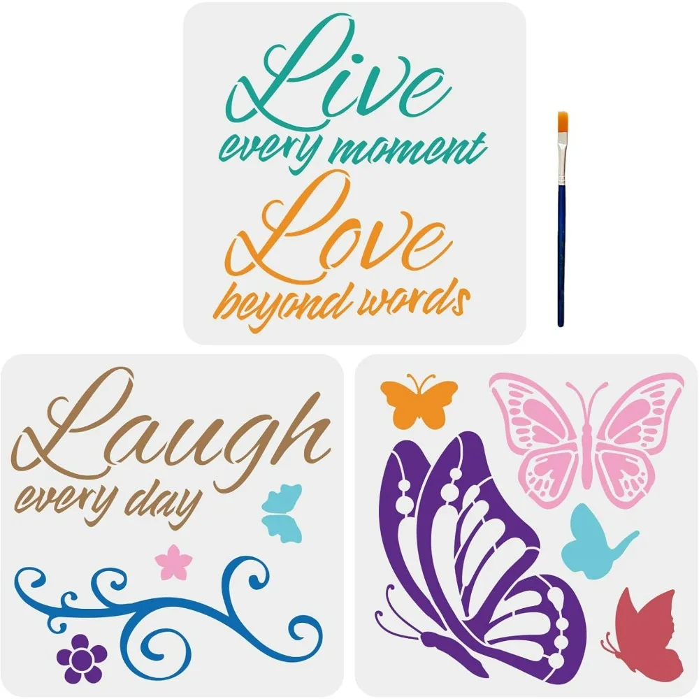 3pcs Large Live Love Laugh Butterfly Stencil 22.6×22.8inch Splice Size with Paint Brush Live Every Moment DIY Decorative