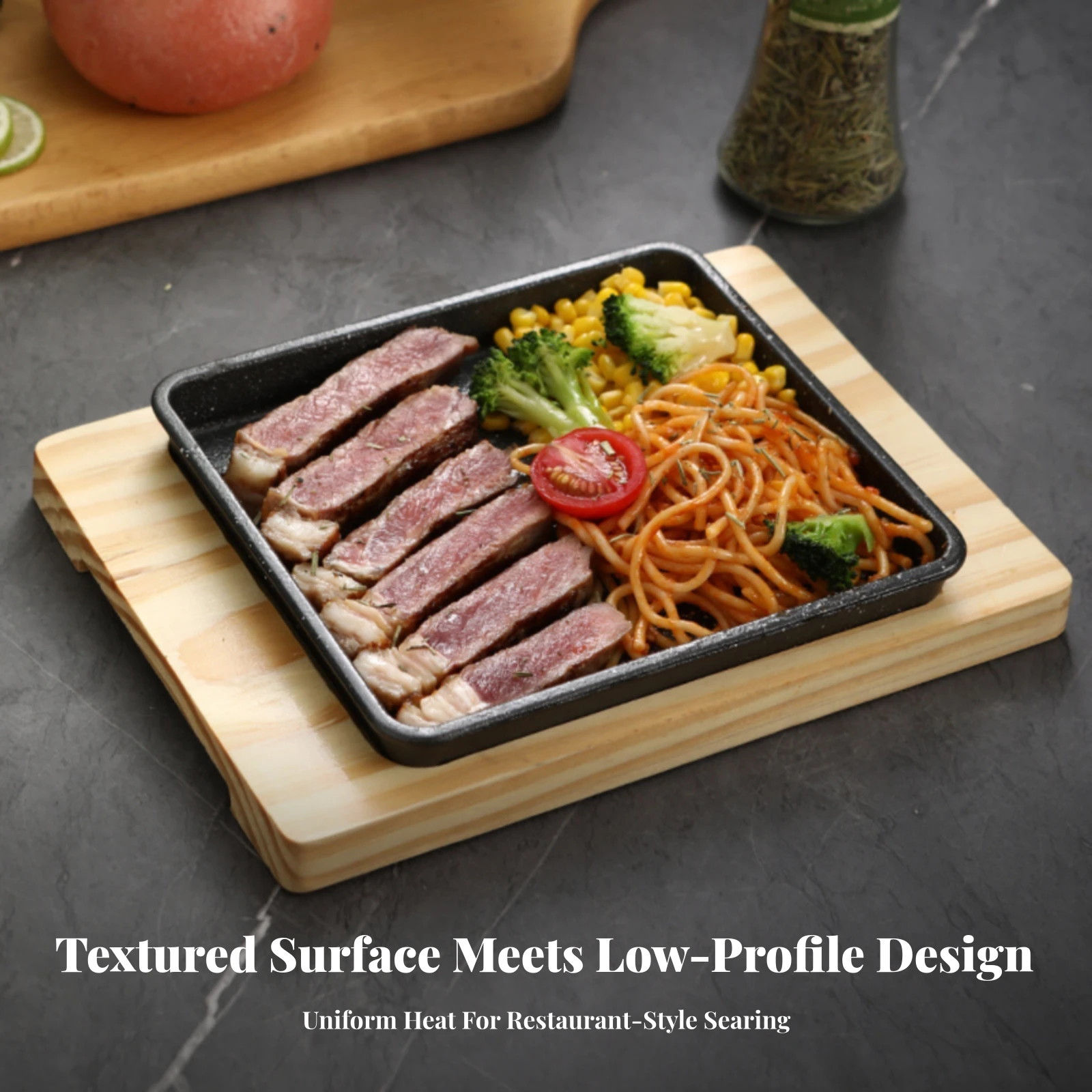 Korean BBQ Grill Pan Nonstick Cast-Iron Griddle with Serving Base Cookware Flat-Bottom for Home Cooks, Tabletop Presentation