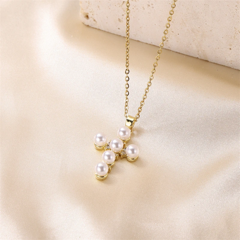 Elegant Imitation Pearl Cross Pendant Necklace For Women Chic Stainless Steel Party Wedding Necklace Fashion Jewelry Girls Gift