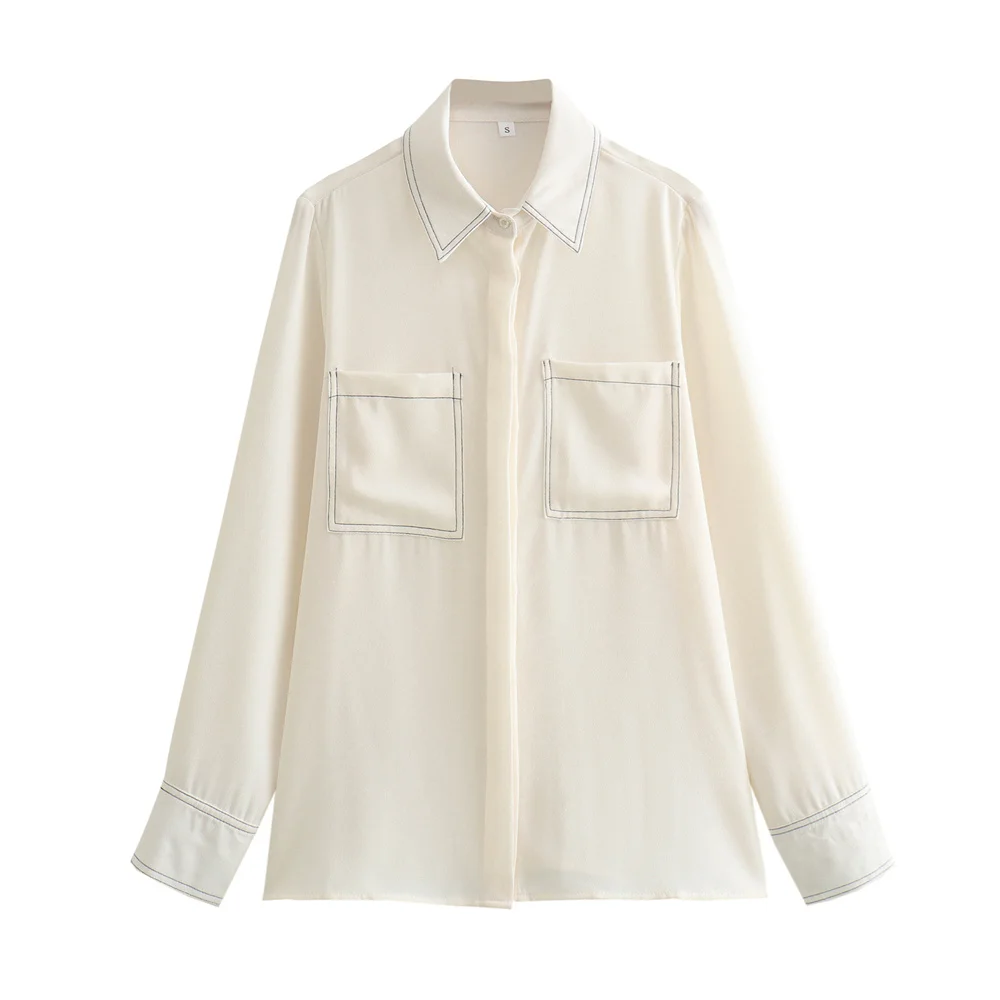 

UNIZERA women's contrasting stitching shirt with lapel pocket decoration for spring new casual women's clothing