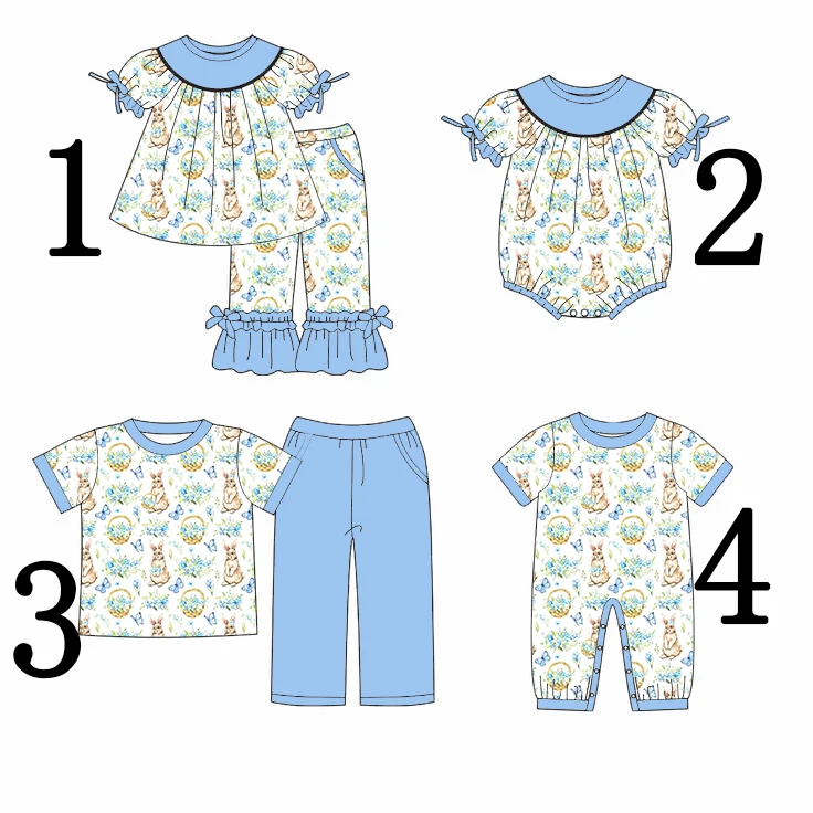 

Blue round neck bow-trimmed short-sleeved trousers with rabbit and flower basket print Easter-themed sibling outfit and bodysuit