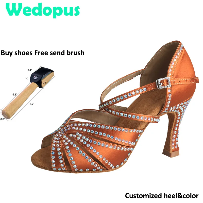 

Wedopus Customized Latin dance shoes Ladies Bronze Silk Satin Shiny Rhinestone Cuban High Heels 9 cm Salsa Dance Shoes