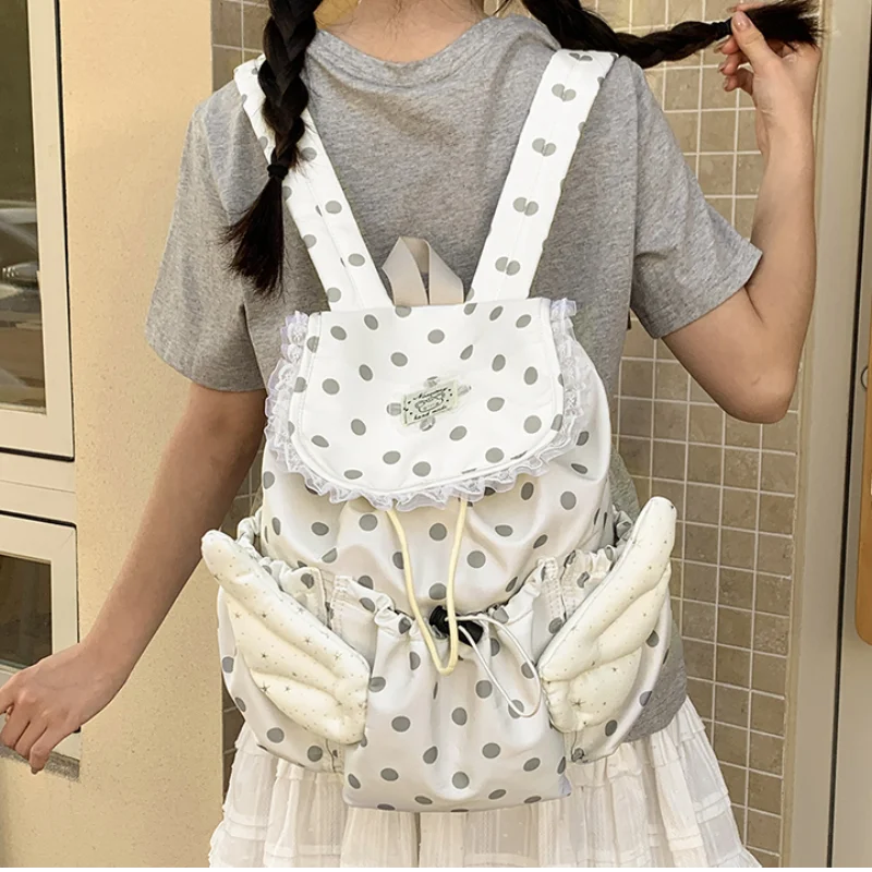Polka Dot Lace Backpack With Angel Wings Kawaii Japanese Girls Nylon Lightweight Large Capacity Drawstring Backpack For Travel