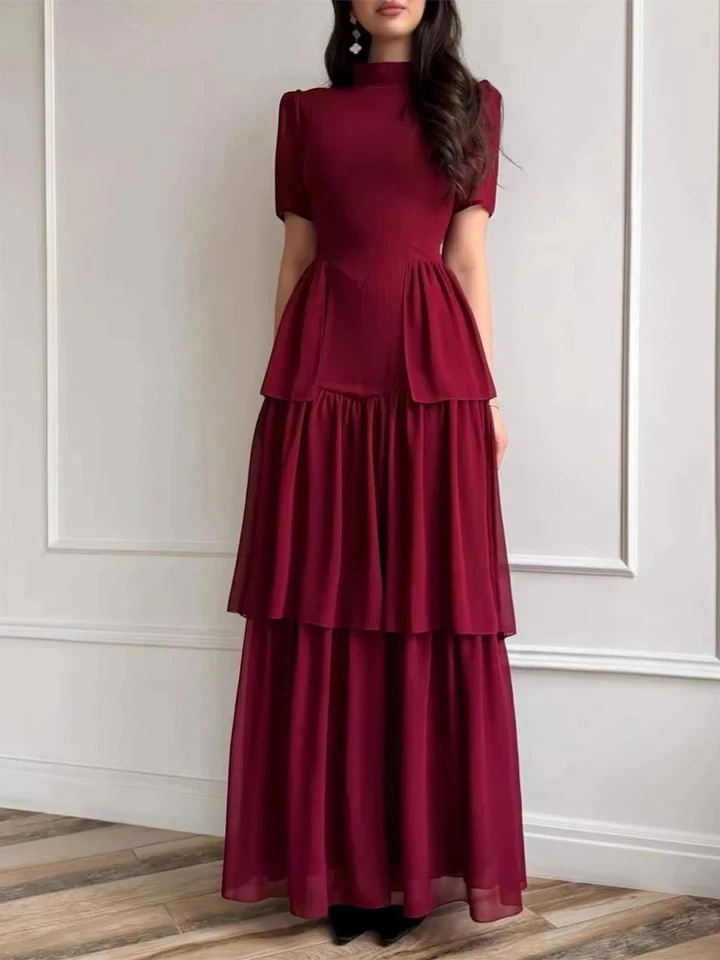 

Elegant Simple Party Maxi Dress for Women Casual Solid Color O-neck Pleat Cake Dress Summer New Women's High Waist Commute Dress