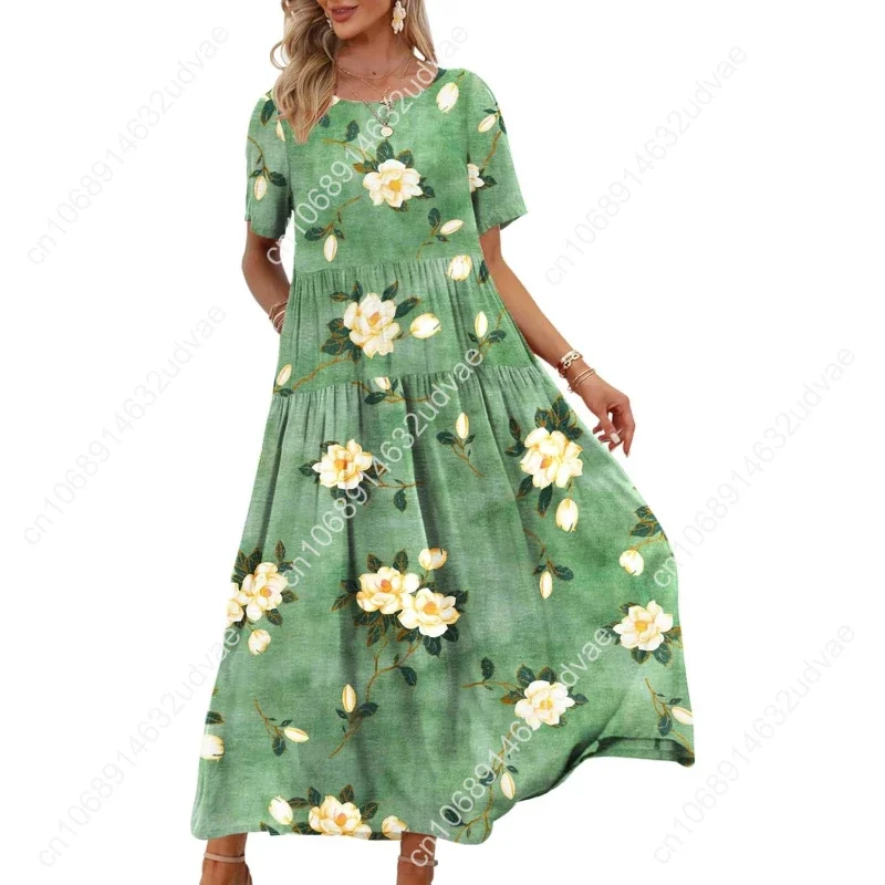 

Casual Loose Bohemian Women Floral Dress with Pockets Short Sleeve Long Maxi Summer Beach Swing Dress EJF