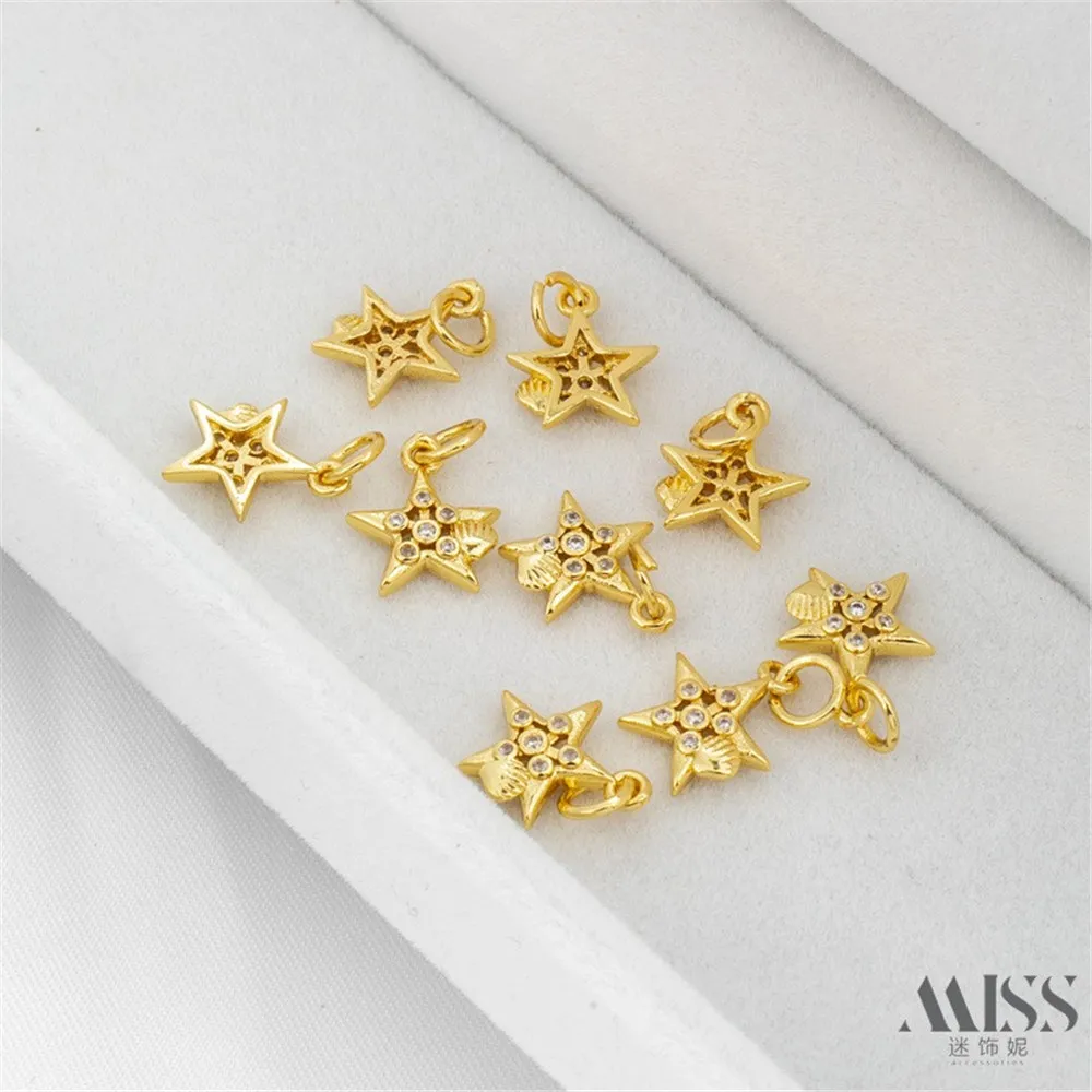 Bahan Perhiasan Rantai Dekoratif Buatan Tangan Liontin Jimat Aksesori DIY Pentagram Cangkang Zirkon Lapis Emas 14K
