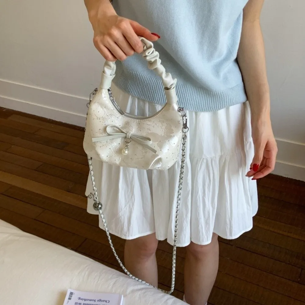 

Small Elegant Bow Pleated Bag Stylish Versatile Ribbons Crossbody Bag Adjustable Strap Zipper Women's Handbag Daily