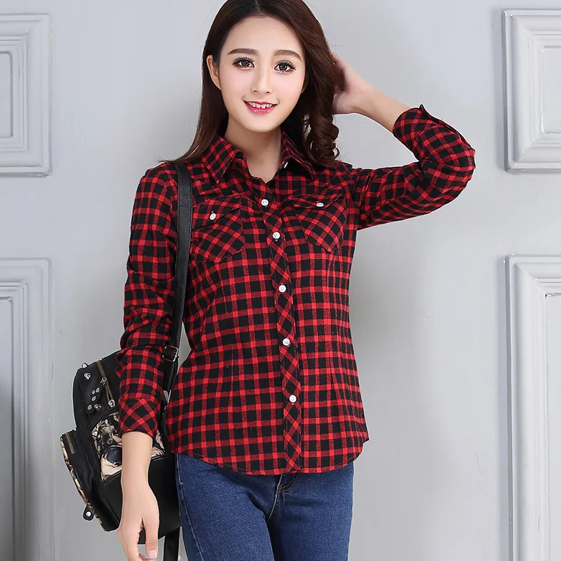 2023 New Hot Sale Women\'s Shirts Tops Cotton Flannel Long sleeve Plaid Shirt Elegant Female College Style Basic Blouses Clothes