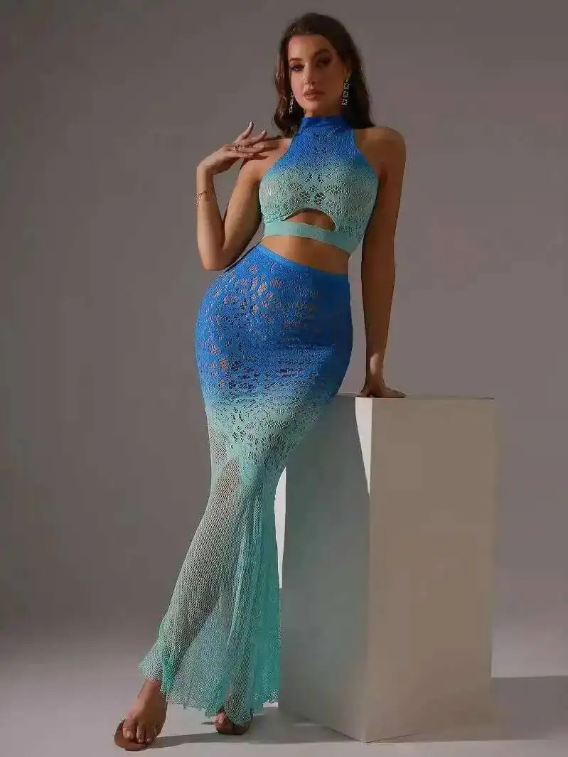 Blue Tank Tops Sexy Gradient Color Hollowed Out Two Piece Skirt Set Long Mesh Lace Sheer Hot Sexy Women Skirts Set 2025 New WPV8
