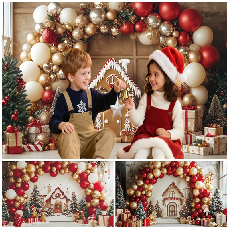 Christmas Gingerbread House Photography Backdrops Arch Balloon Gift Boxes Xmas Trees Kids Family Festive Decoration Backgrounds