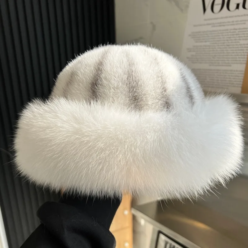 Real Mink Fur Hat For Women Winter Natural Mink Fur Hat With Fox Fur Brim Female Fashion Fisherman Hat Thicked Fur Bomber Hat