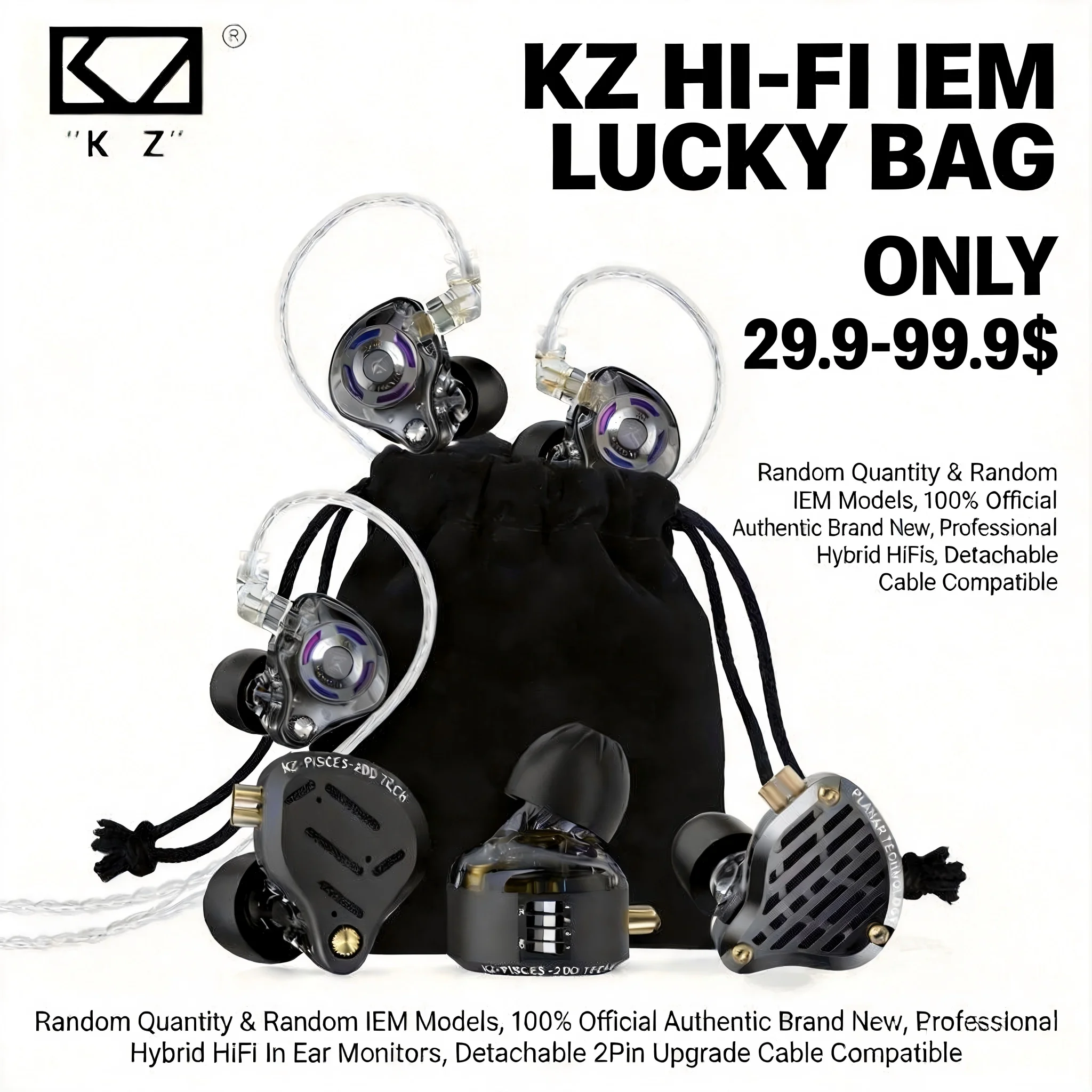 KZ Oficial Lucky Bag Multi-Nível Aleatório HiFi IEM 3-10 peças Gale Dawn AS16 Pro Decet Duonic Saga Taurus Phantom 1 Ano de Garantia