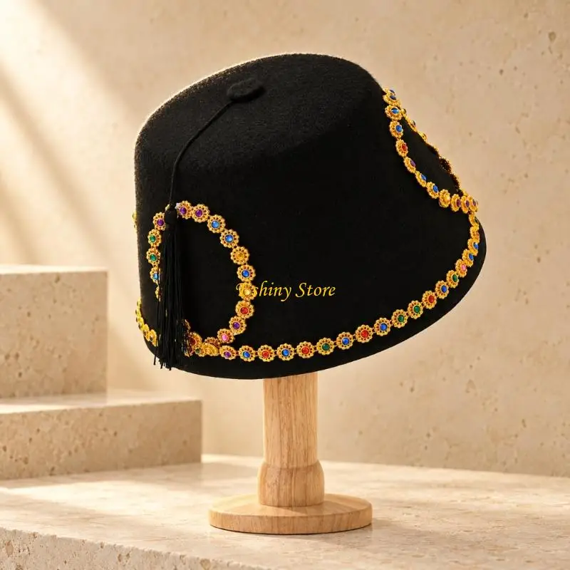 N58F Ornate Decorative Turkish Hat with Colorful Accents, Gold Tone Side Trim, and Black Tassels for Stage Show Costume Styling