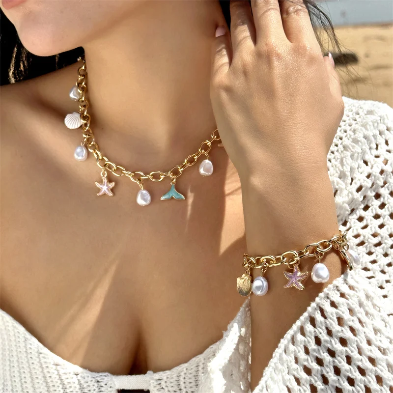 Boho Seestern Jakobsmuscheln Anhänger Halsband Halskette für Frauen Elegante Imitation Perle Quaste Halskette Ästhetische Party Schmuck Geschenk – Detail 1