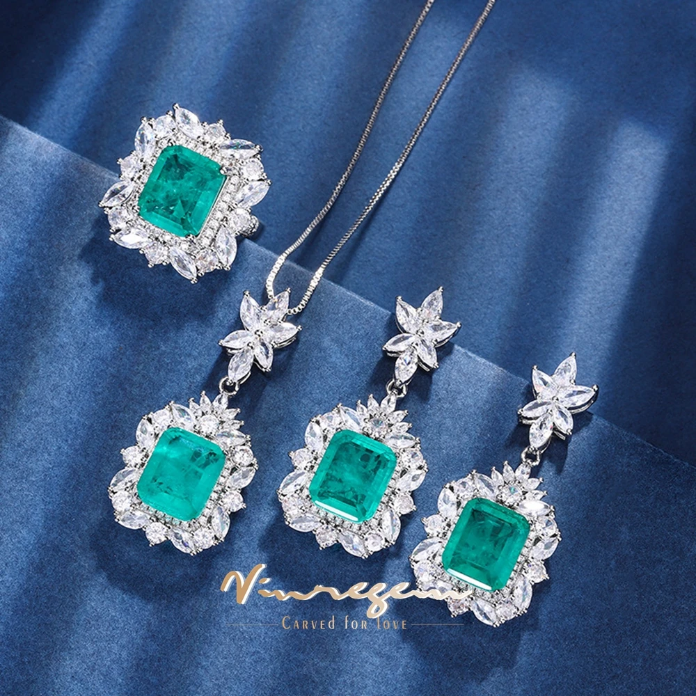 

Vinregem Vintage Synthesis Emerald Ruby Paraiba Tourmaline Gem Gifts Anniversary Ring/Necklaces/Earrings Jewelry Set 3Pcs Gifts