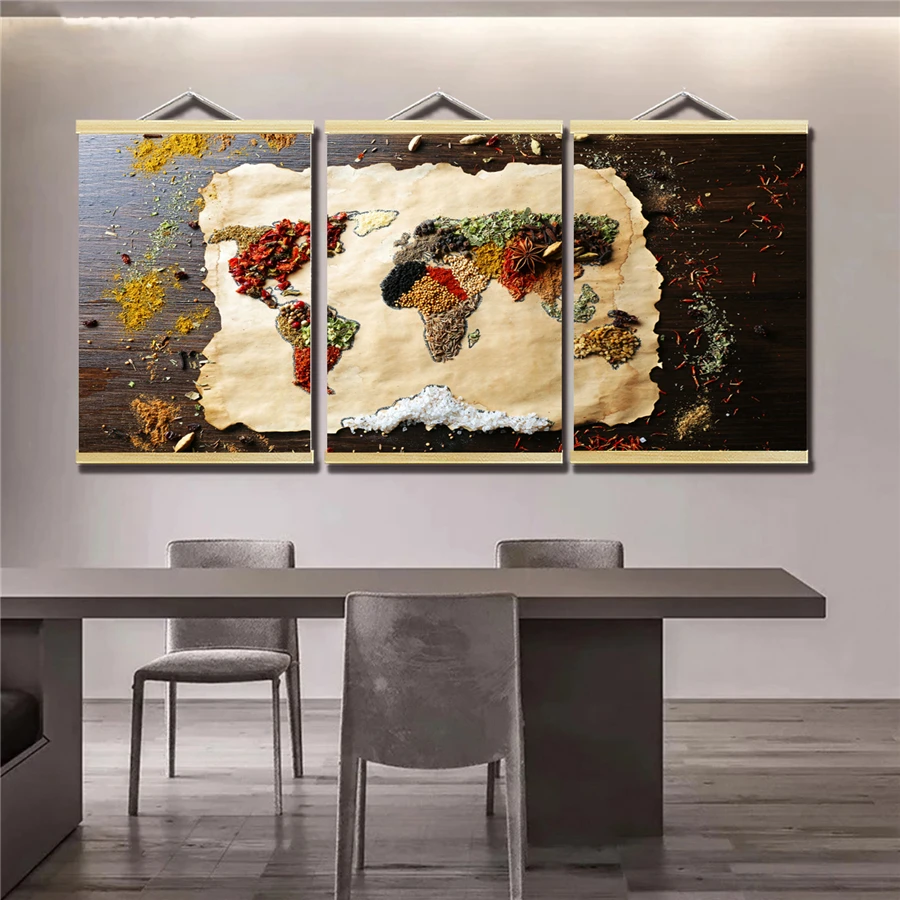 World Map Spices Canvas Hanging Poster Painting - Kitchen Scroll Hanger Picture Print Dining Room Restaurant Home Wall Decor