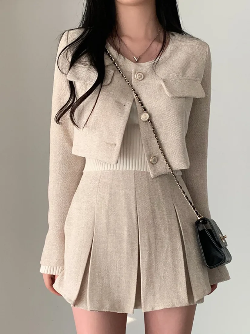 

Шикарная твидовая футболка небольшого размера на пуговицах, твидовая юбка трапециевидной формы с высокой талией, брюки, комплект Faion, корейский комплект Sle Wa...