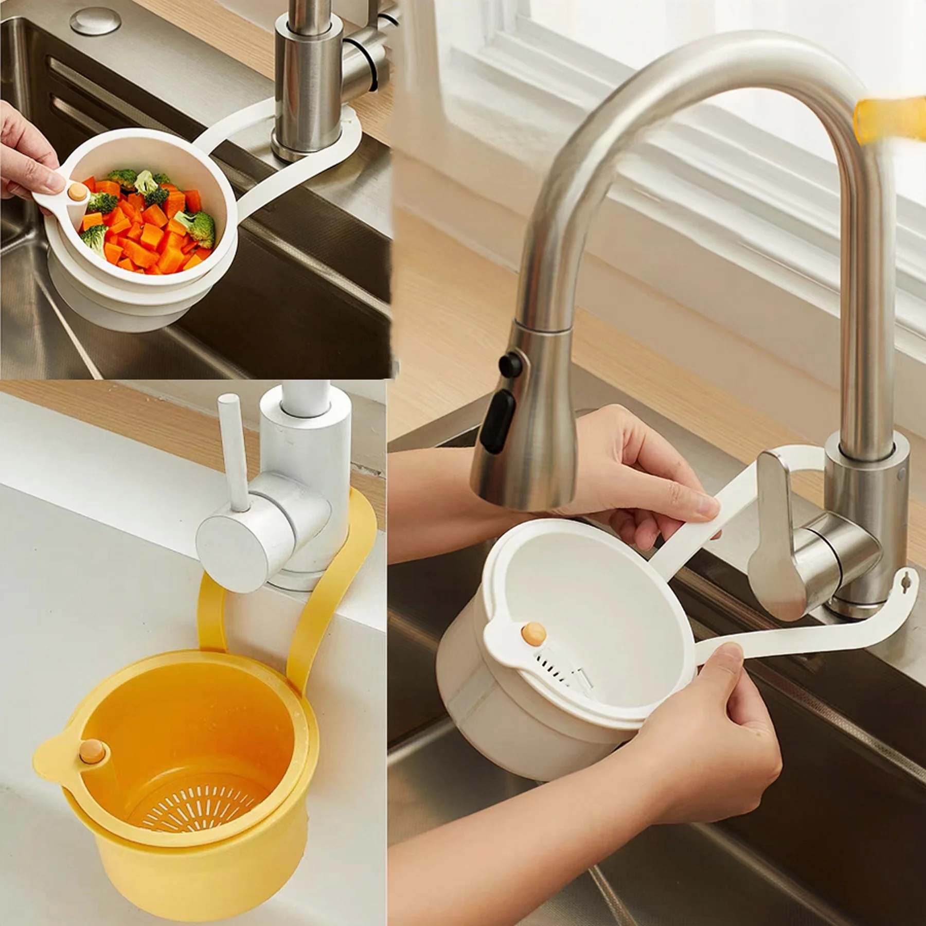 Multifunctional Drain Basket, Anti-Leakage Filter Basket, Household Accessory, 2-in-1 Sink Filter Basket with Push-Open Lever, Adjustable Faucet Strap and Detachable Anti-Clog High-Efficiency Drainage Hands-Free Kitchen Sink Strainer Storage Basket