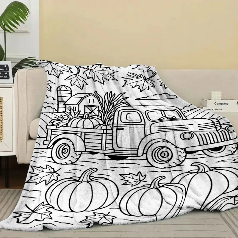 Healing Style Hand-Drawn Autumn Farm Theme Coloring Book Style Flannel Blanket Retro Truck Pumpkin Maple Leaf Print Home Casual