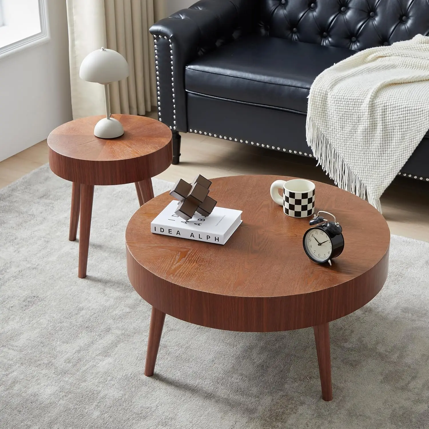 Round Coffee Table Set of 2, Mid Century Modern Coffee Table, Natural Wood Nesting Tables Walnut Side Table and Farmhouse End Ta