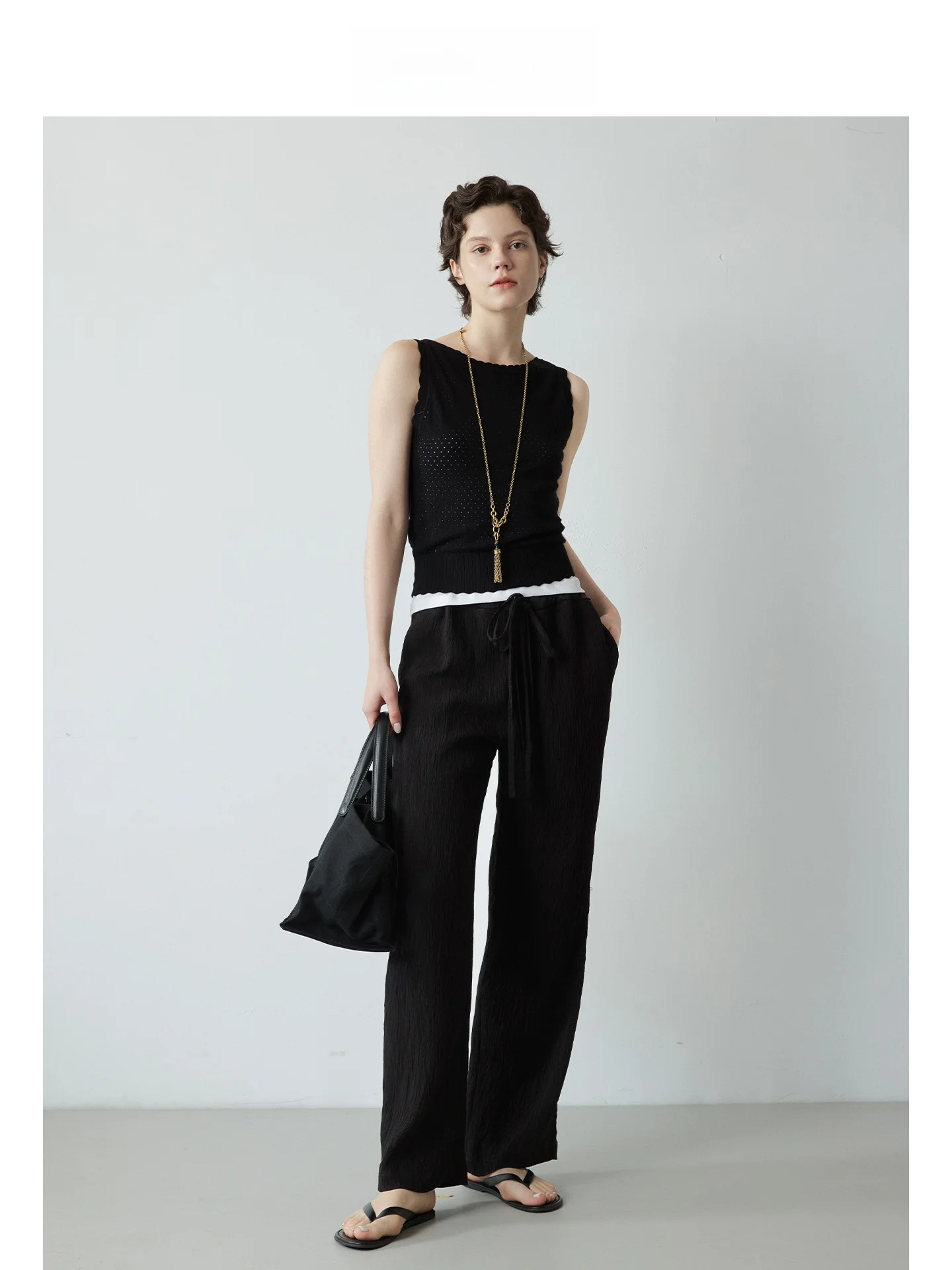 

Mincollection Double Waist Rope Lazy Draped Straight Leg Casual Pants Floor-Length Loose Fit Women's Premium Faion Trousers