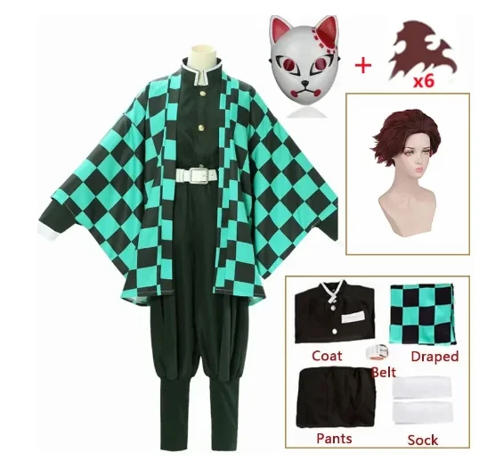 

Demon Slayer Anime Tanjirou Kamado Costume Cosplay Men Kimono Uniform Wig Demonias Women Clothes Kids Halloween Party