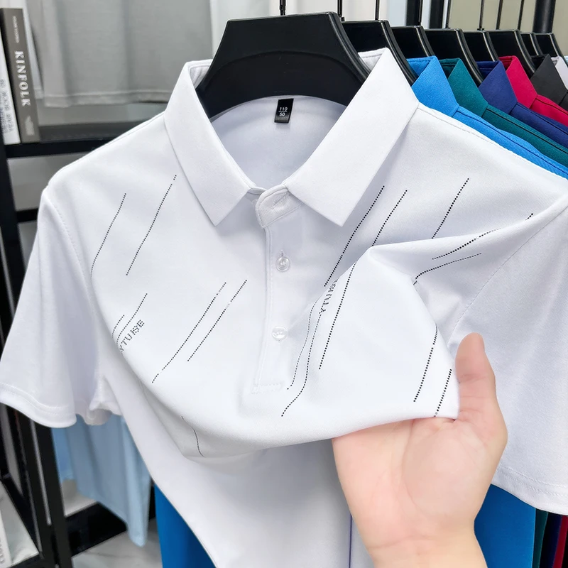 

New Summer Trend High Stretch Men's Lapel Polo Short Sleeve Breathable Casual Cool Printed Letter Business Designer T-shirt Top