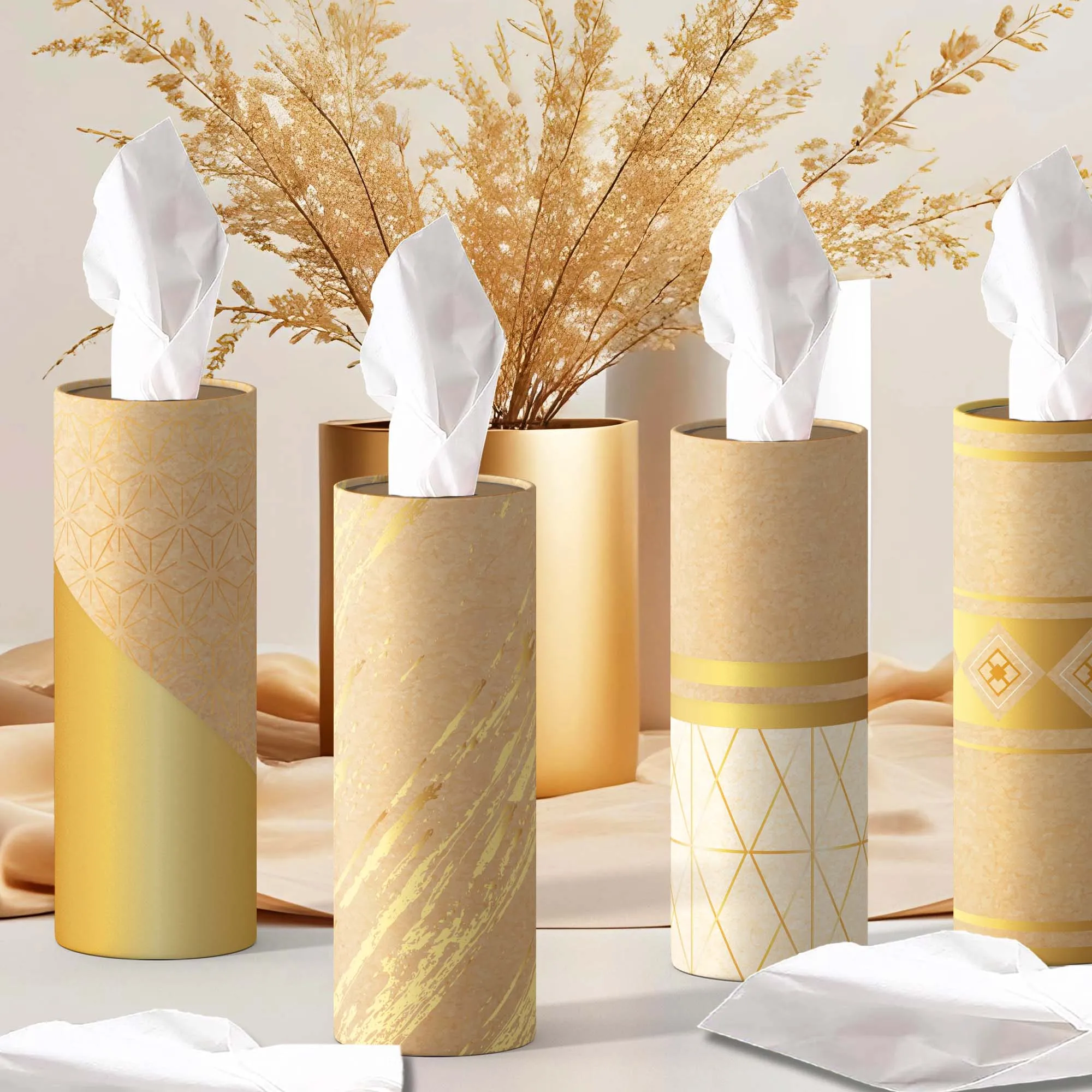 1PC Champagne Gold Beige Car Cylinder Tissue Holder, Luxury Geometric Paper Tissue Tube, Tissue Box for Wedding Birthday Decor