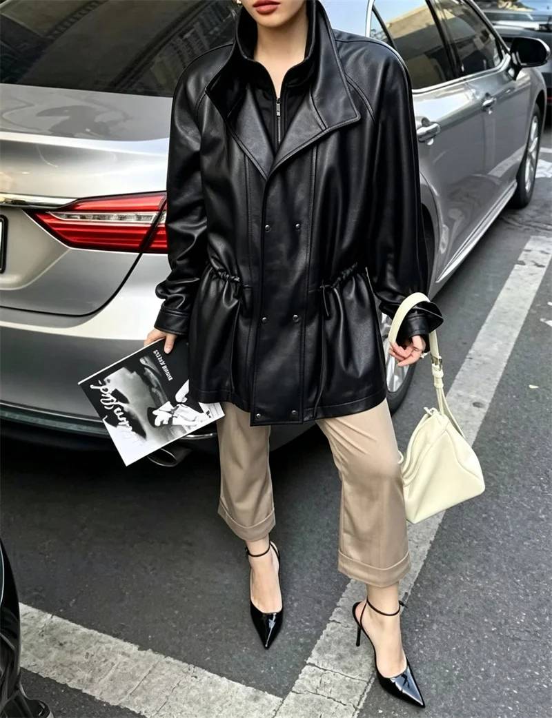 Guobioziy Women's Coat 2026 Autumn/Winter New Double-Layer Collar with Gathered Waist Mid-Length Stand Collar Faux Leather Coat