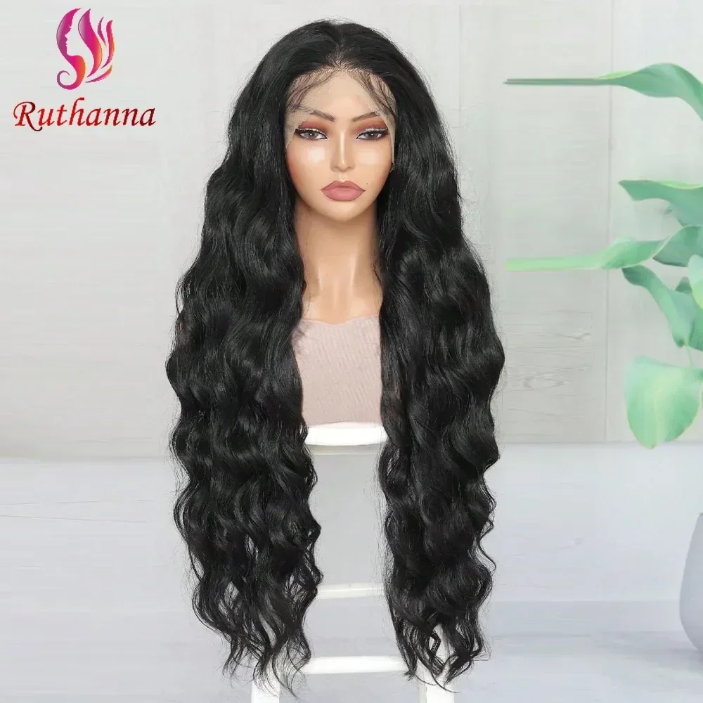 Body Wave 13x6 Lace Front Synthetic Middle Part Long Curly Wig For Women 32 Inch Natural Black Transparent Lace Wig Daily Use