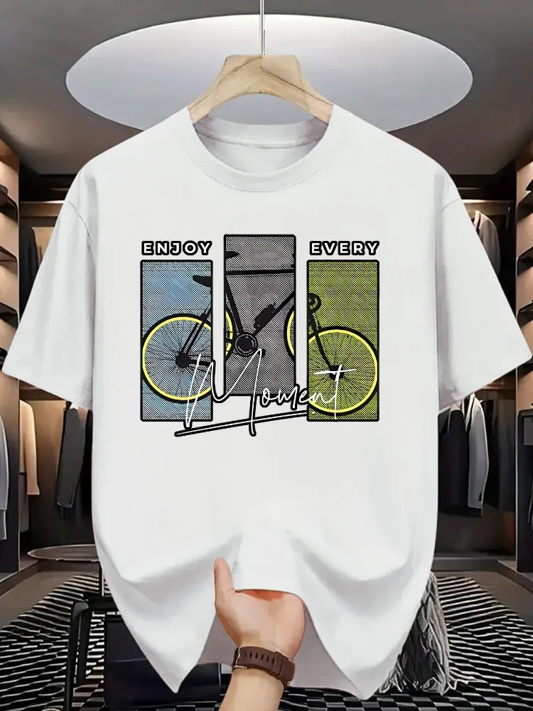 Mens Vintage Bicycle Art Enjoy Every Moment Slogan Short Sleeve Soft Cotton Loose Fit Summer Outdoor Street Daily Casual T Shirt