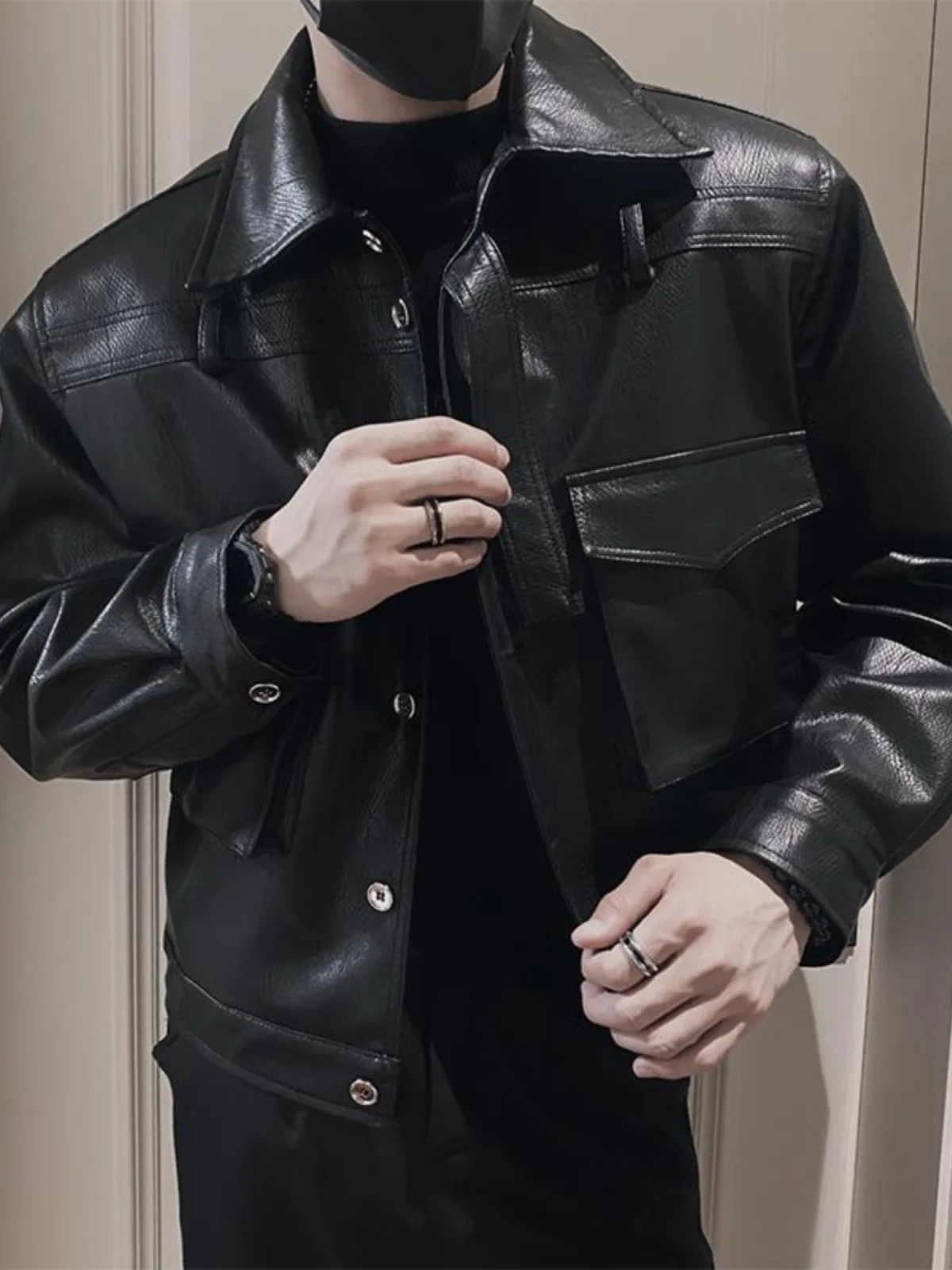 

PU Leather Biker Jaet Men's ort Sle oulder Pad Design High Street Vintage Coat Autumn Faion Casual Slim Fit Youth