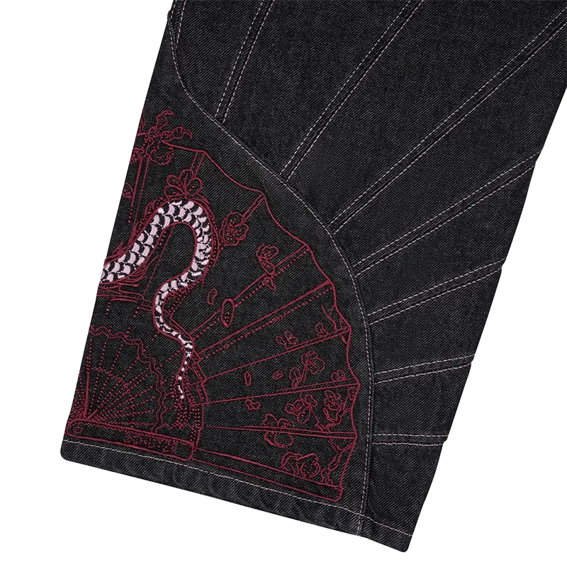 خمر التنين الأحمر الأزهار مروحة نمط التطريز عارضة فضفاض واسعة الساق الجينز Y2K الاتجاه الرجال النساء أزياء مريحة الشارع الشهير