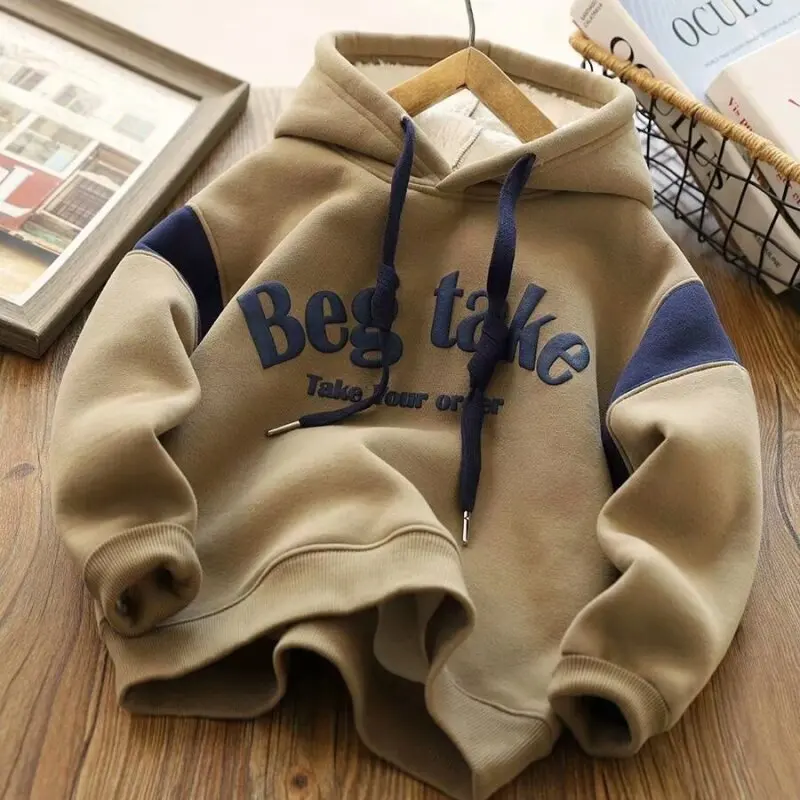 

Boys Thicken Hoodie Children Fleece Sweatshirt Kids Warm Top Teen FashionBoys Letter Printed Hoodies Winter Autumn