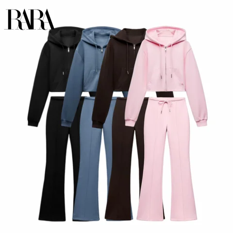 RARA Women's Hooded Zip Up Cropped Jacket and Drawstring Flared Pants Set Cozy and Stylish for Daily and Sporty Looks