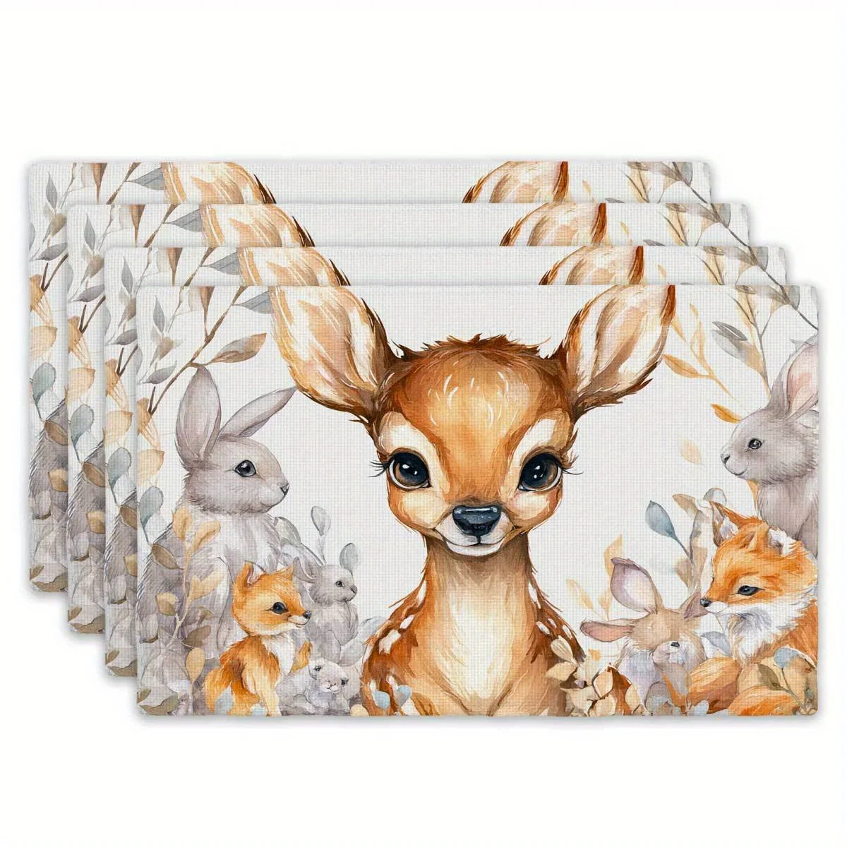 Watercolor Forest Animals Print Rectangular Placemats Cute Deer Rabbit Fox Dining Table Decor Home Textile Table Mats 4/6/8PCS