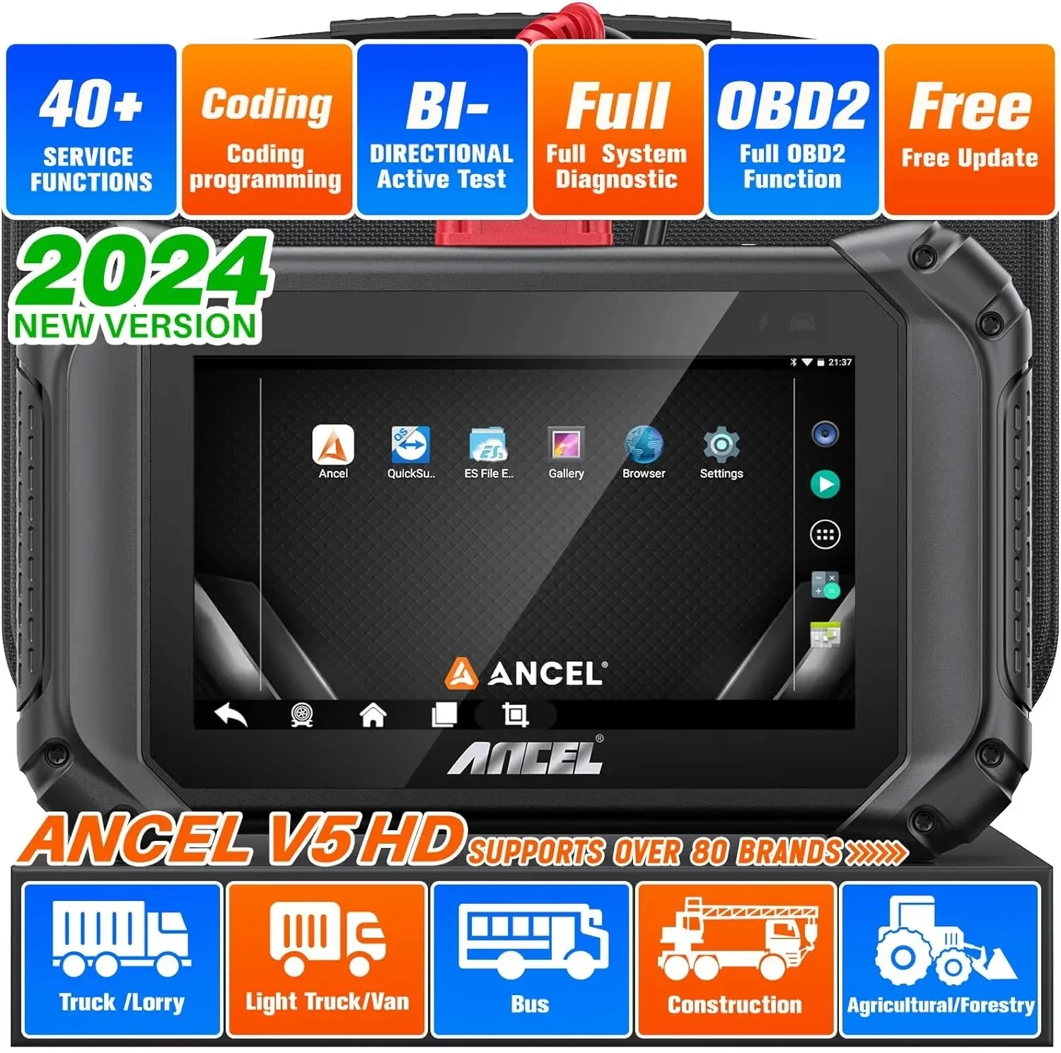 ANCEL V5 HD Heavy Duty Truck Diagnostic Tools All System 40 Resets ECU Coding Active Test Professional OBD2 Truck Scanner