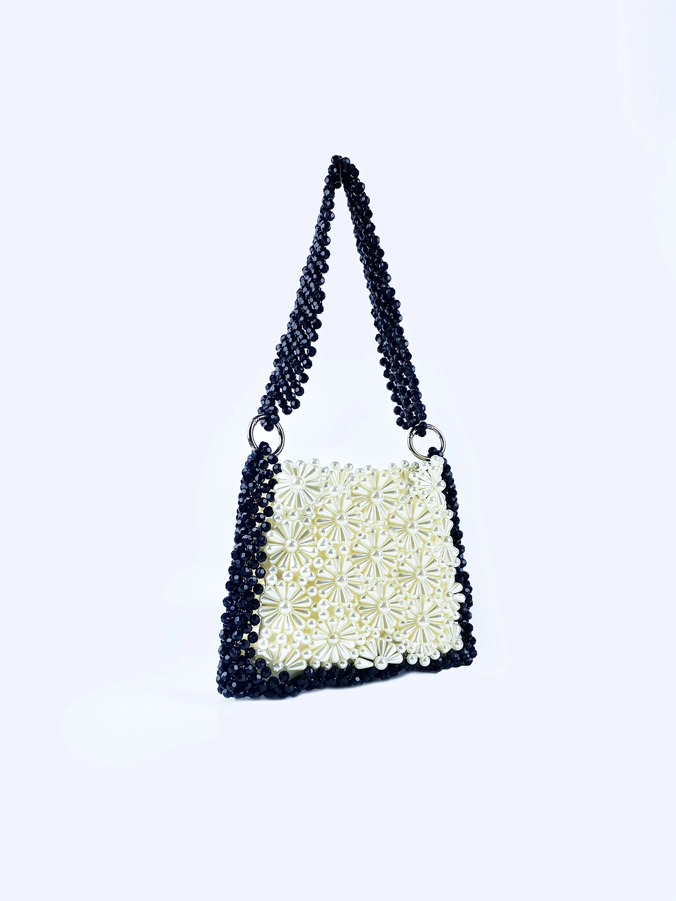 European and American fashion retro hollowed out pearl beaded woven floral black and white contrasting versatile shoulder bag view 4