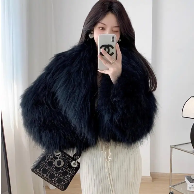 Large Collar Fur Coat for Women, White Short Jacket, High Waisted, Thick Clothing, New