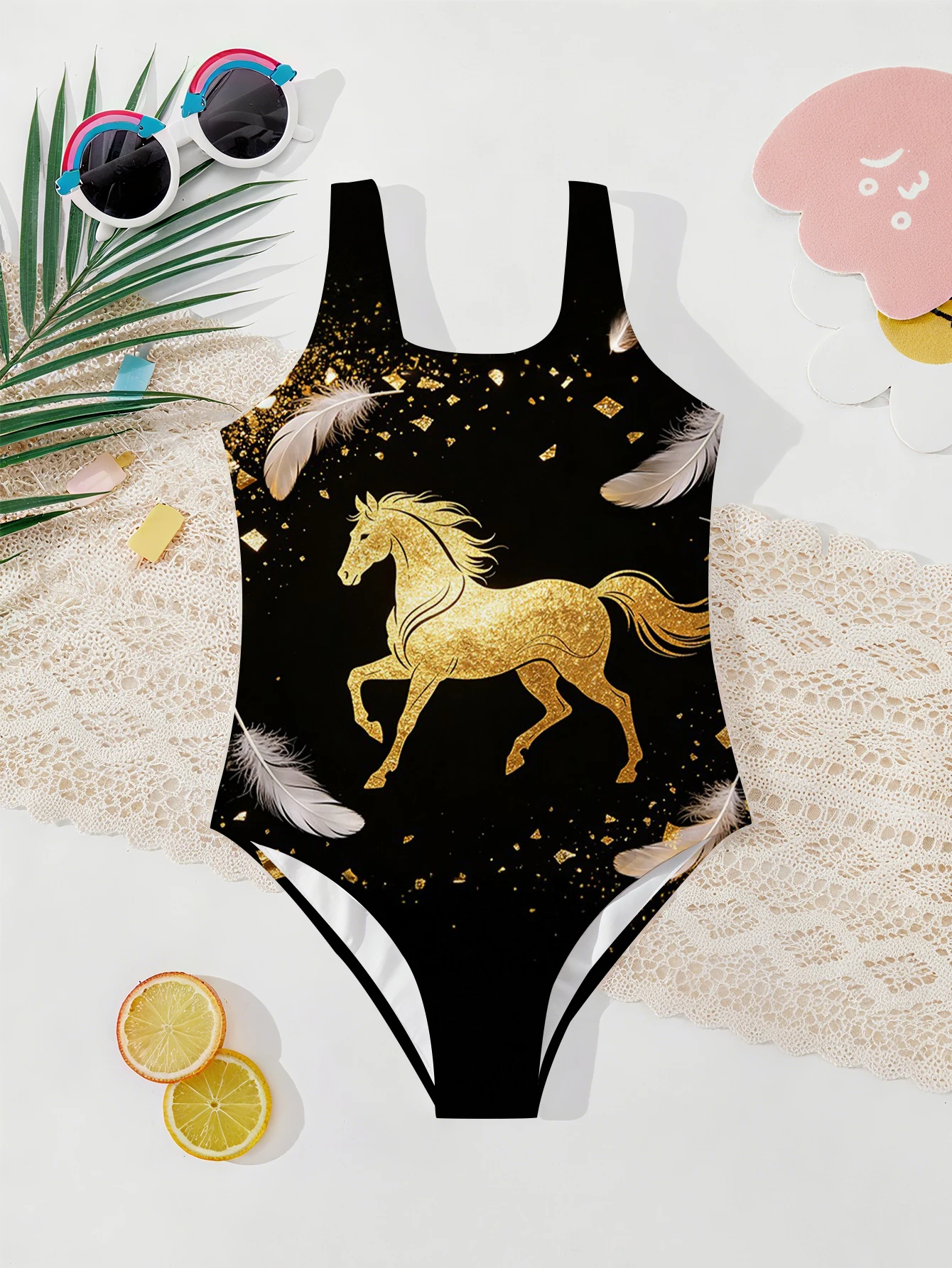 Girls' Summer Style Grand Horse Fashion Tight One-piece Swimsuit